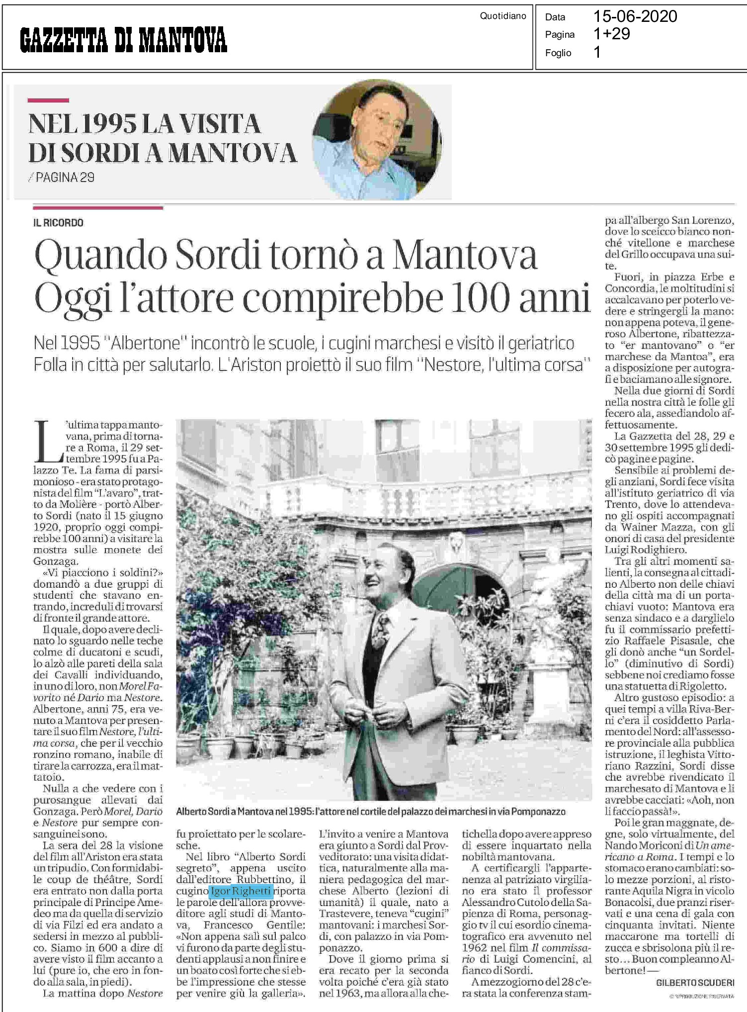 Quando Sordi tornò a Mantova. Oggi l'attore compirebbe 100 anni (La Gazzetta di Mantova)
